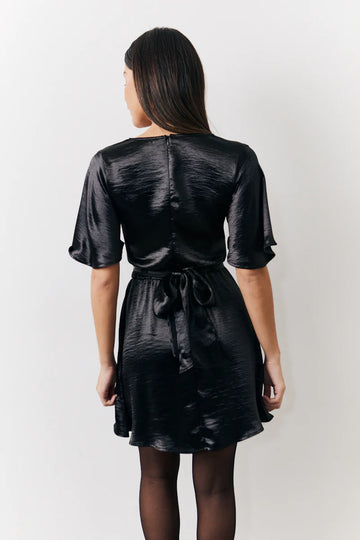 Black Liquid Satin Wrap Front Detail Mini Dress